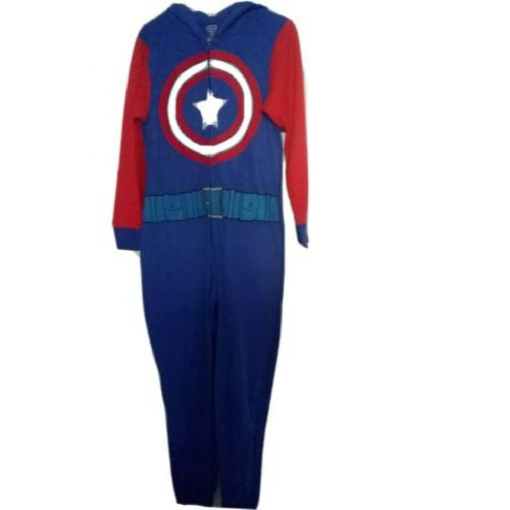 Women's Captain America Costume One Piece Hooded Pajamas Union Suit SZ Small